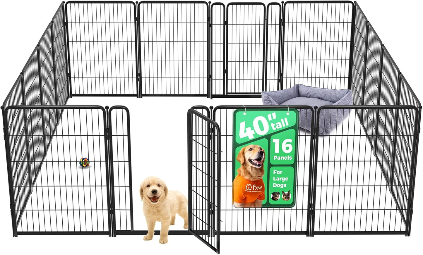 FXW Homeplus Unleashed Indoor Dog Playpen - Stress-Free and Safe Play, Heavy Duty 40 Inch 16 Wire Panels Dog Pen for Medium and Large Dogs, Black│Patented