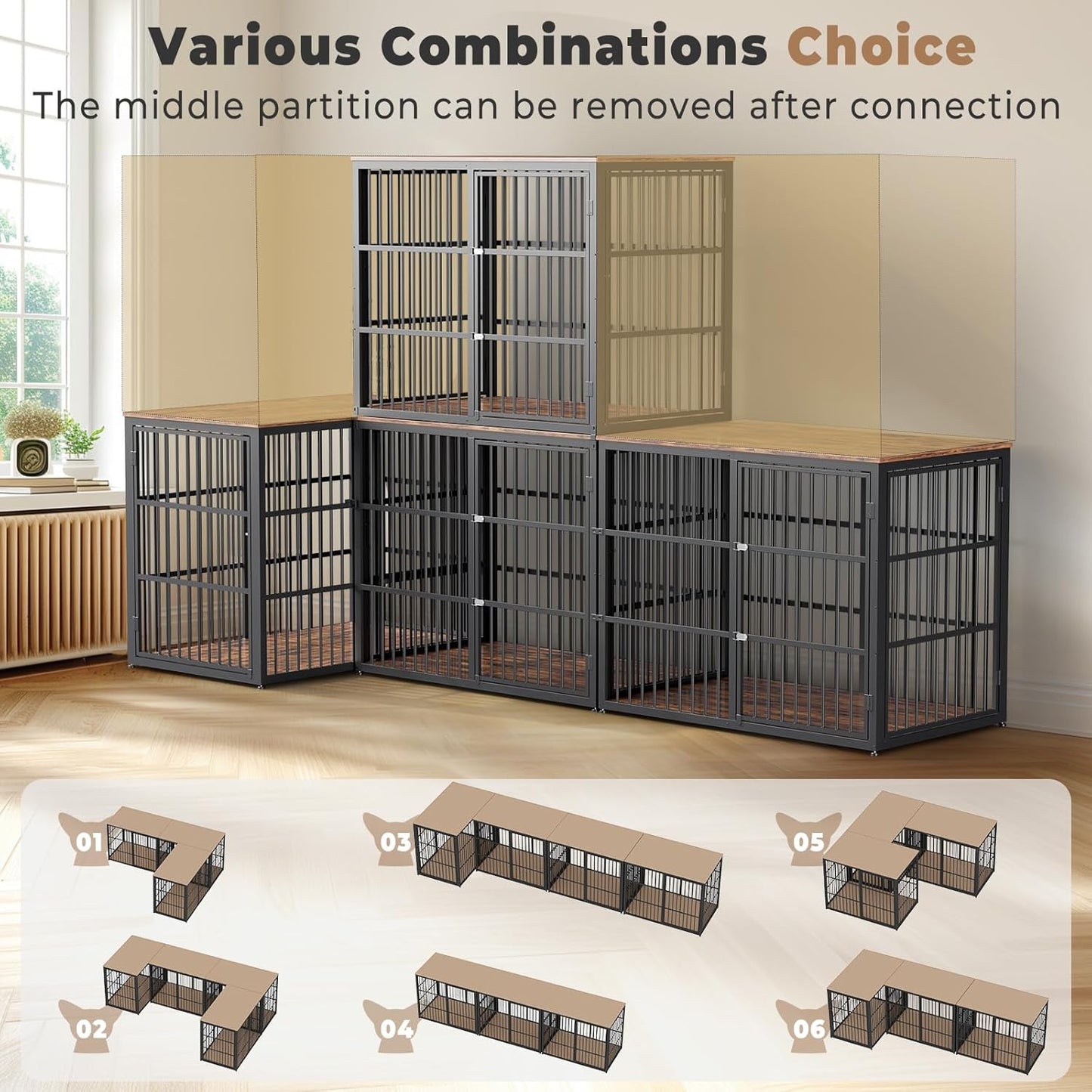 48'' XXL Dog Crate Furniture with 3 Doors,Wooden Crate End Table Heavy Duty Indoor Combination Cage for Medium to Large Dogs, Multiple Units Can be Combined