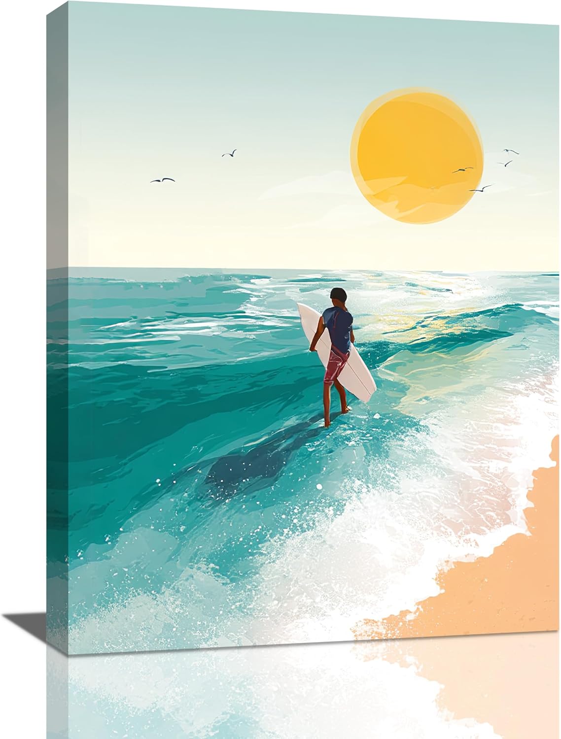 Beach Surfing Wall Art Ocean Coastal Wave Canvas Wall Decor Summer Nature Seascape Pictures Painting Print Framed Artwork Decorations for Bathroom Living Room Office Bedroom 12"x16"