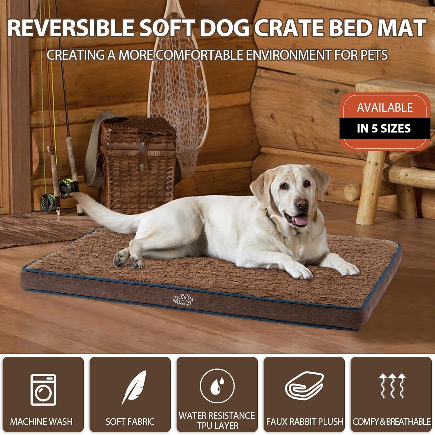 EMPSIGN Dog Bed Mat 41 Inch Reversible Warm & Cool,Washable Dog Crate Bed with Egg Crate Foam Support, Pet Sleeping Mat for Large Medium Small Dogs, Fluffy Kennel Pad(Brown)