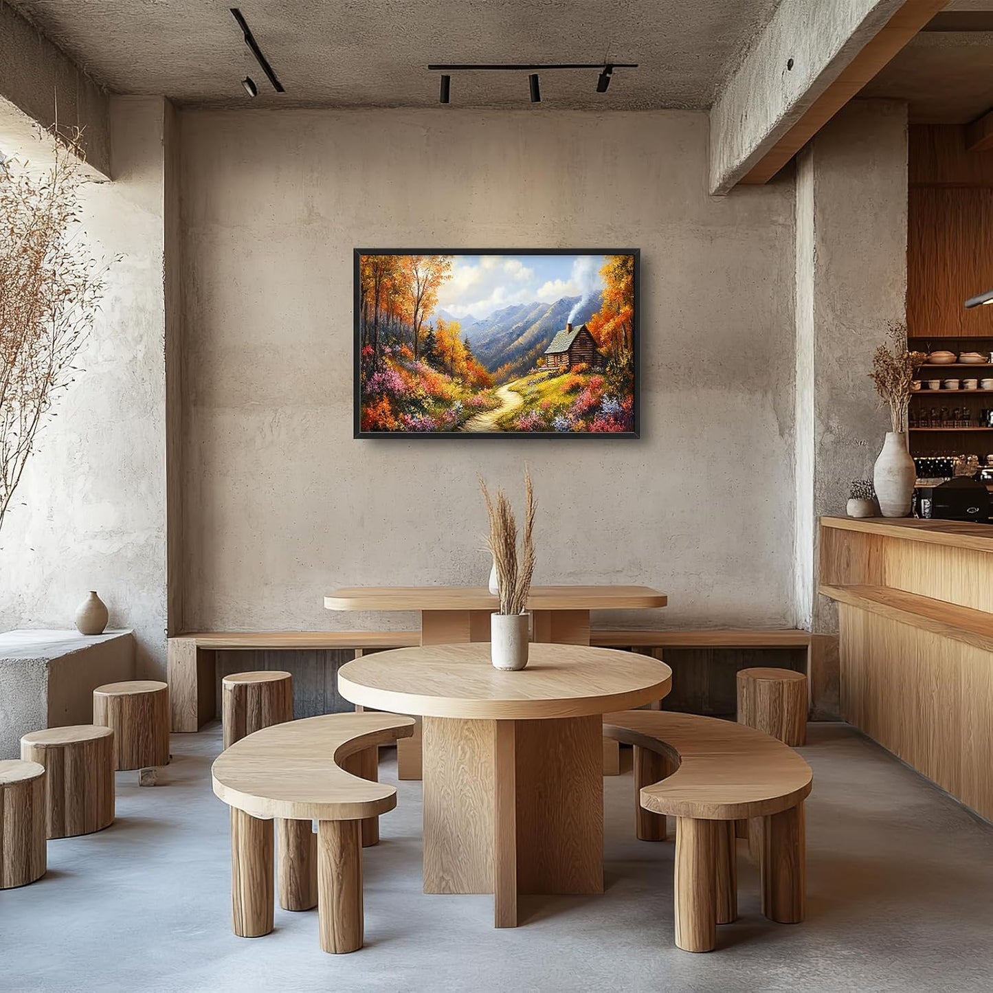 Framed Large Autumn Mountain Wall Art for Living Room, Oversized Wildflower Tree Wall Decor Nature Landscape Canvas Painting Modern Artwork Home Decoration for Living Room Bedroom 36"x24"