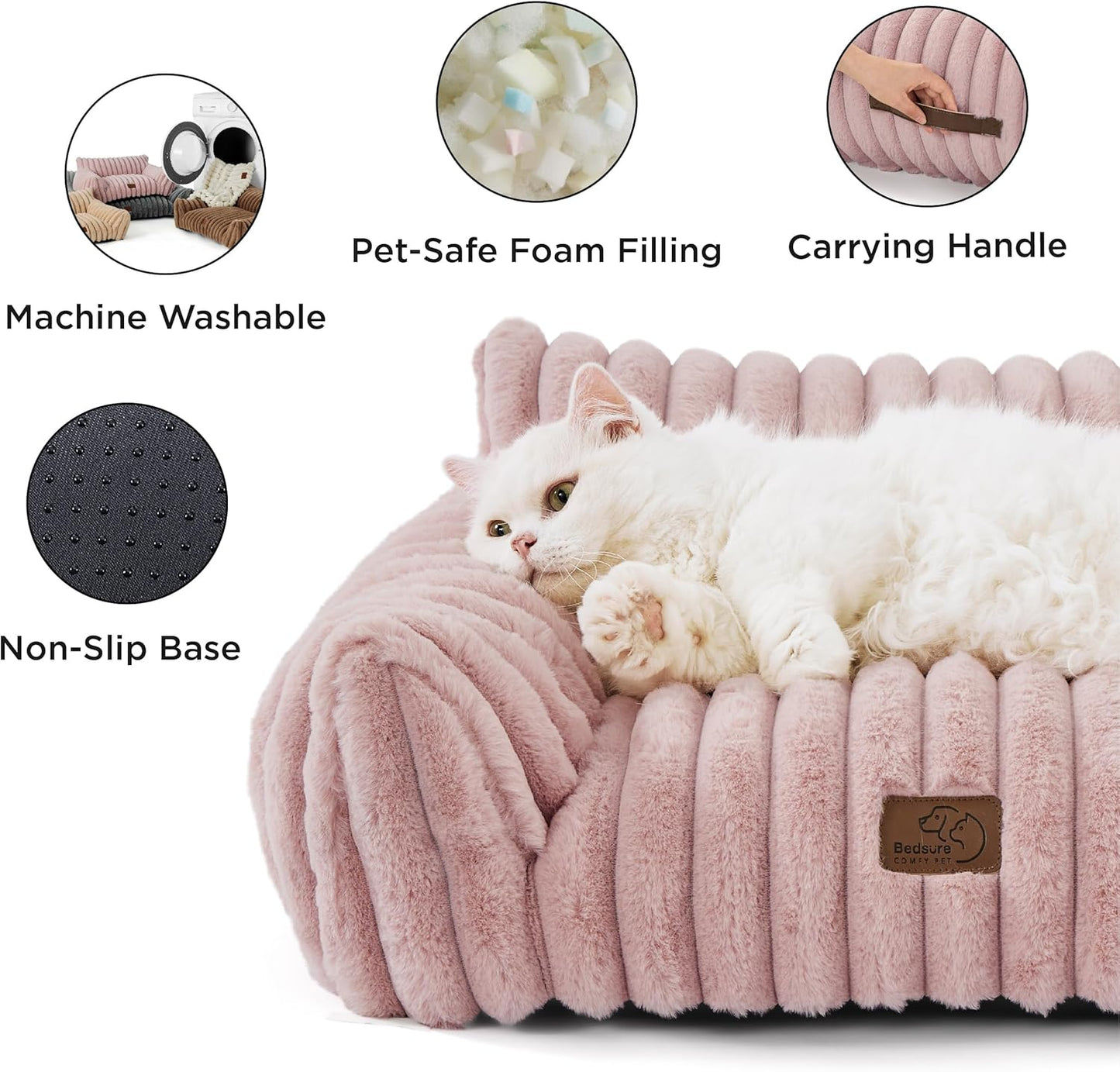 Bedsure Cute Cat Couch for Pets - Fluffy Cat Sofa with Premium Soft Corduroy Fleece, Fuzzy Pet Couch Bed with Removable Washable Cover, Supportive Chair for Indoor Cats, 24inch, Blush Pink