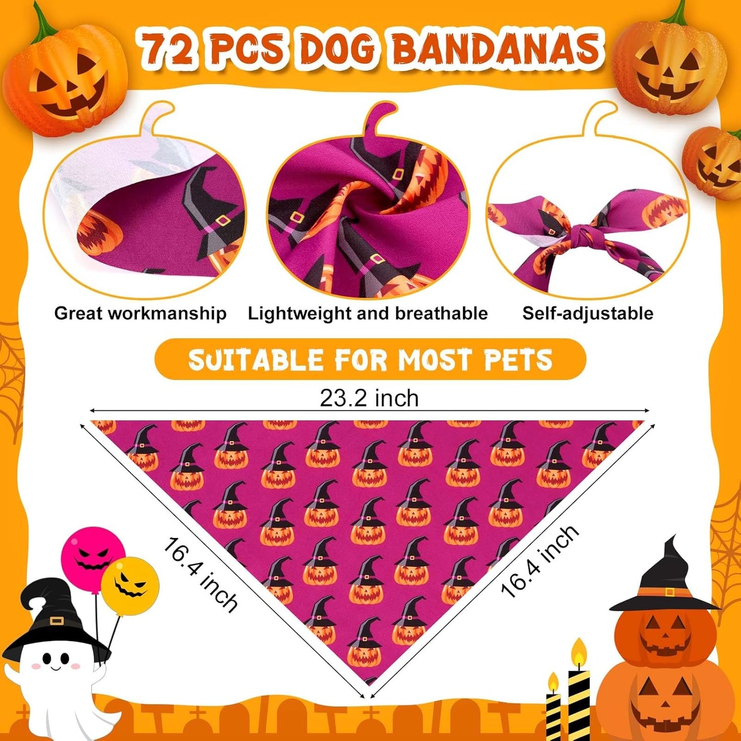 72 Pcs Halloween Dog Bandanas Bulk Pumpkin Triangle Scarf Cat Bibs Puppy Scarf Pet Bandanas Photo Props Accessories for Puppy Cat Halloween Birthday Party Costume