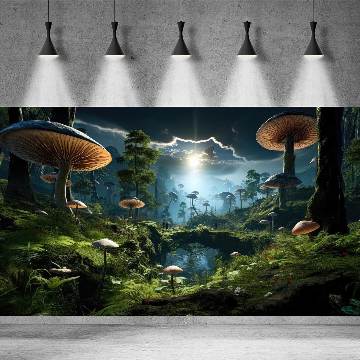 Fantasy Mushrooms Landscape Aquarium Background Tranquil Stream Cloudy Sky Terrarium Background Lush Green Tropical Plants Trees Fish Tank Backdrop Decoration Tank Background Poster 36x20in