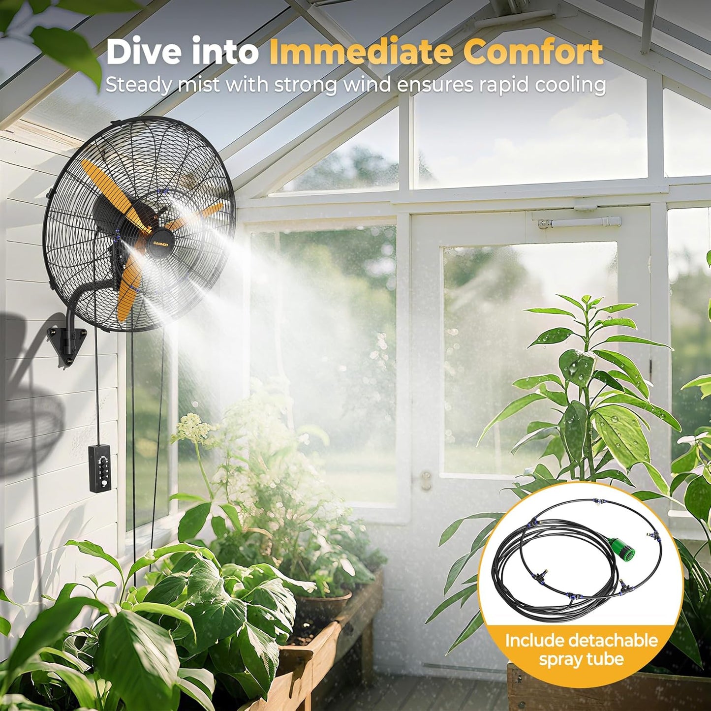 24 Inch Oscillating Misting Wall Mount Fan, Extra Long 3.9ft Wired Remote and 9.8ft Power Cord, IP44 Industrial Commercial Wall Mounted Fan for Greenhouse, Garage, Workshop, Covered Patio