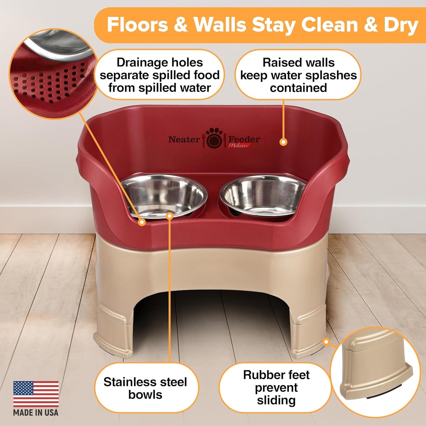Neater Feeder Deluxe Mess Proof Dog Bowls Elevated for Large Dogs – Made in USA – No Spill Raised Dog Food Bowl Stand w/Leg Extensions – Stainless Steel Dog Food and Water Bowl Set – Red