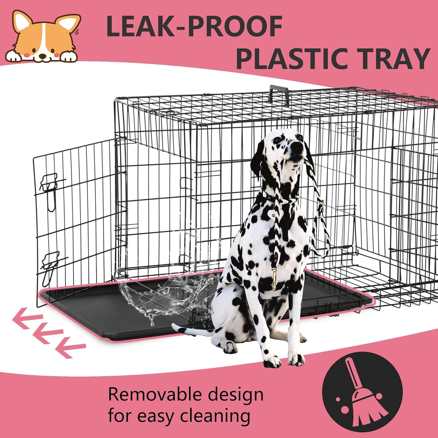 FDW Extra Large Dog Crate Dog Kennel Cage with Double Door,48 inch Folding Metal Wire Dog Cage with Removable Tray&Divider Panel,Pet Crate for Large Dogs,Black