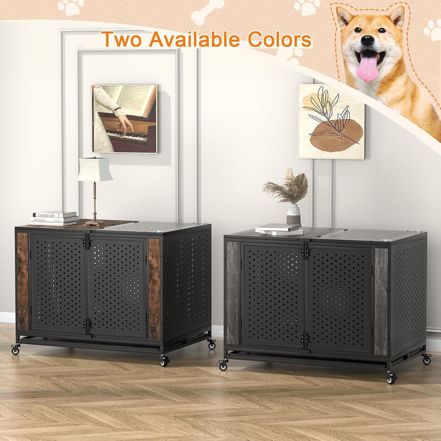 42" Heavy Duty Dog Crate Furniture for Large and Medium Dogs, Enclosed Design with 0.5 inch Holes, Indestructible Metal Kennel for High Anxiety Dogs, Chew Proof Pet House Cage Indoor, Brown