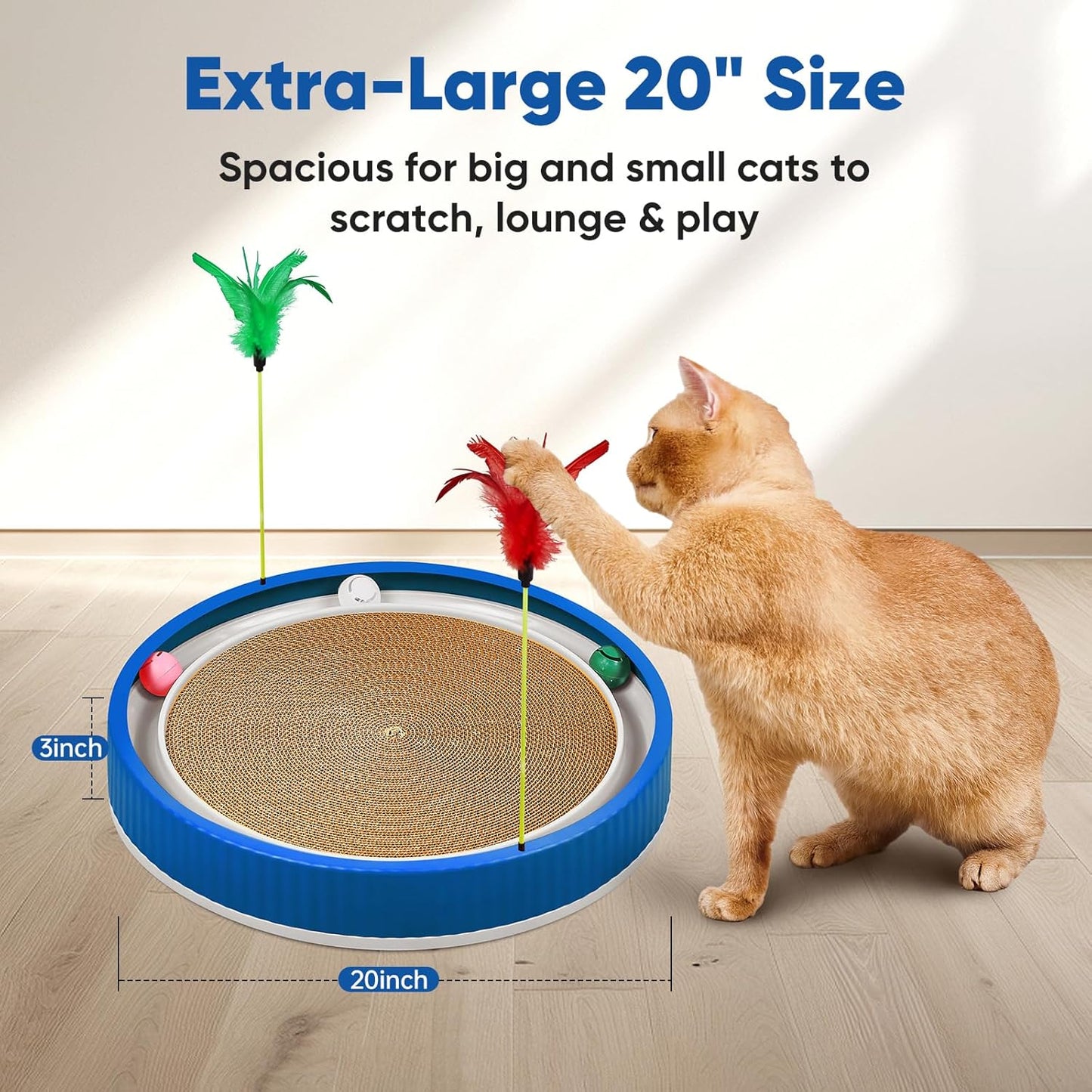 20-Inch Round Cat Scratcher with Ball Track – 3-in-1 Cardboard Scratching Pad with Feather Toy & Non-Slip Base – Interactive Cat Toy for Indoor Cats, Kittens & Large Cats (Blue)