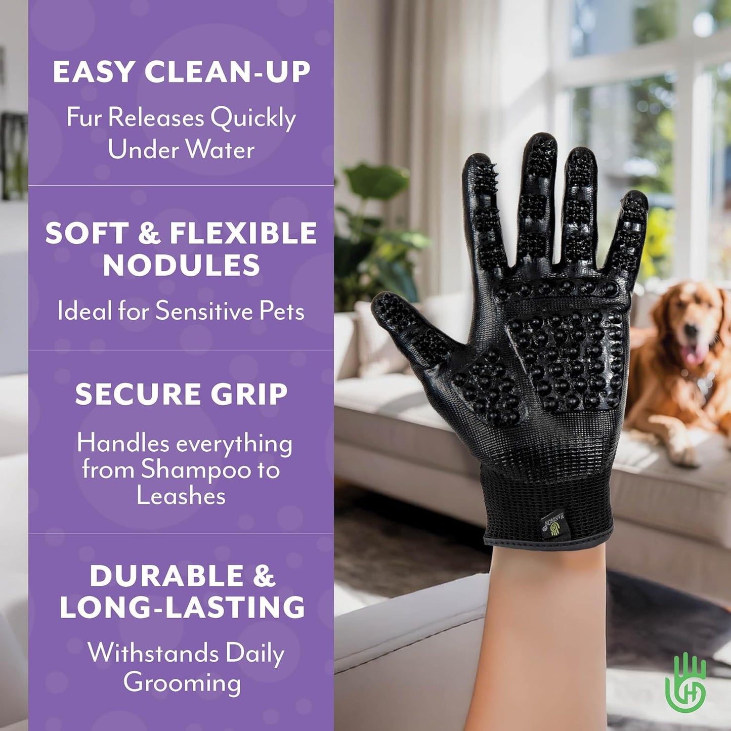 H HandsOn Pet Grooming Gloves - Patented #1 Ranked, Award Winning Shedding, Bathing, & Hair Remover Gloves - Gentle Brush for Cats, Dogs, and Horses (Green, Junior)