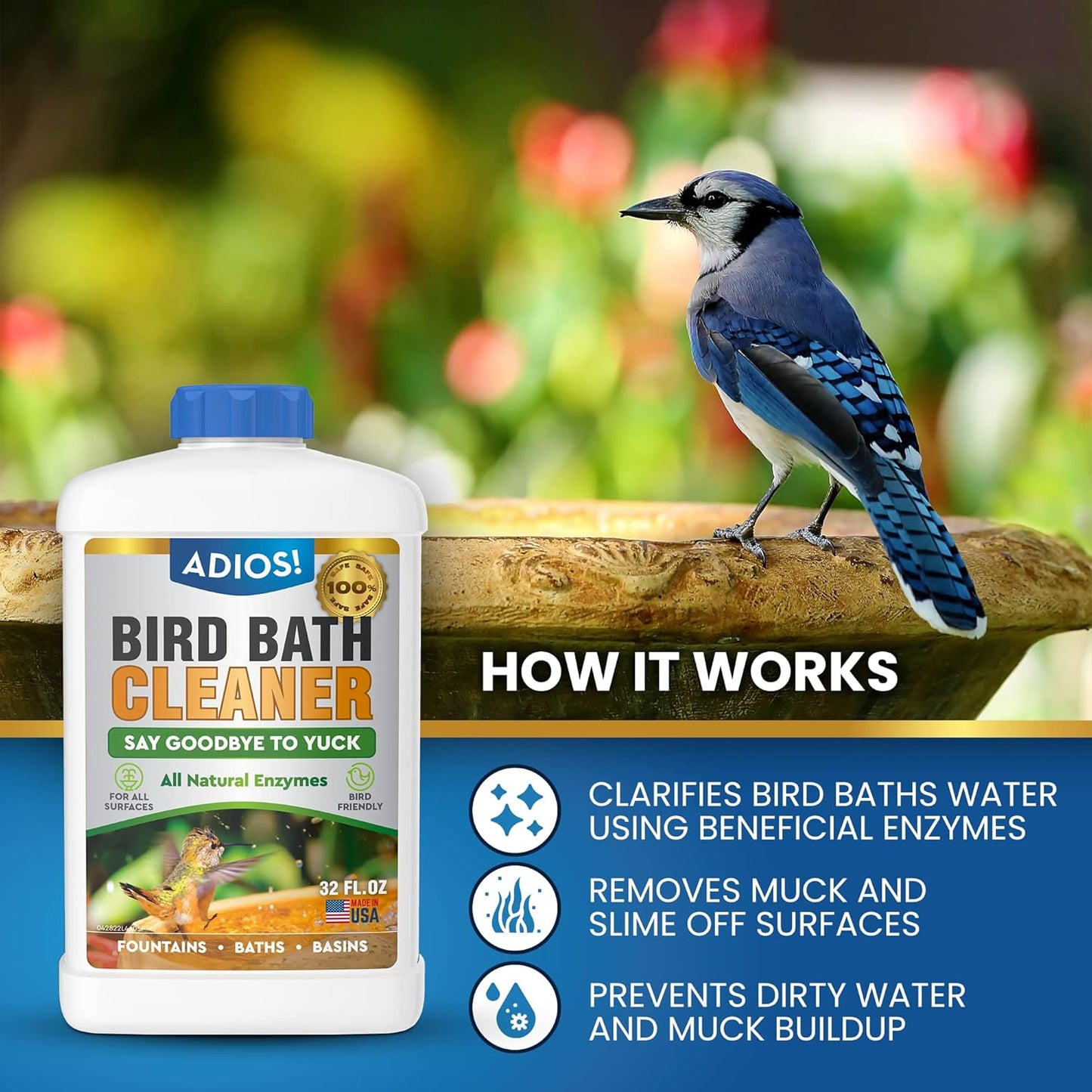 Bird Bath Cleaner for Outdoor Fountains and Bowls, Safely Cleans Metal, Glass and Stone (32oz)