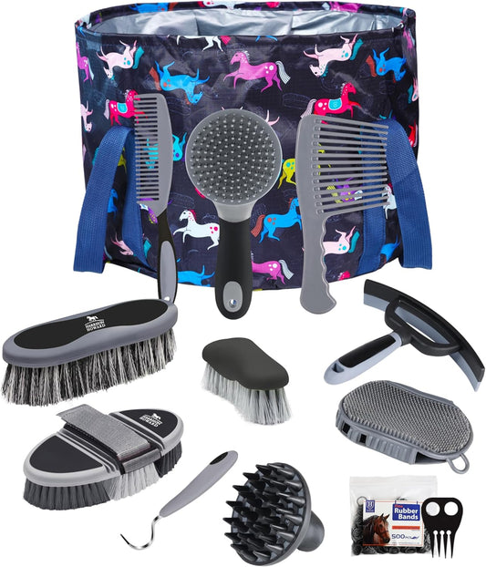 Harrison Howard Horse Grooming Kit 11-Piece Equine Care Series Horse Brush Sets with Organizer Tote Bag Tack Room Supplies Shedding Grooming Massaging Tools Black Brushstroke Ponies