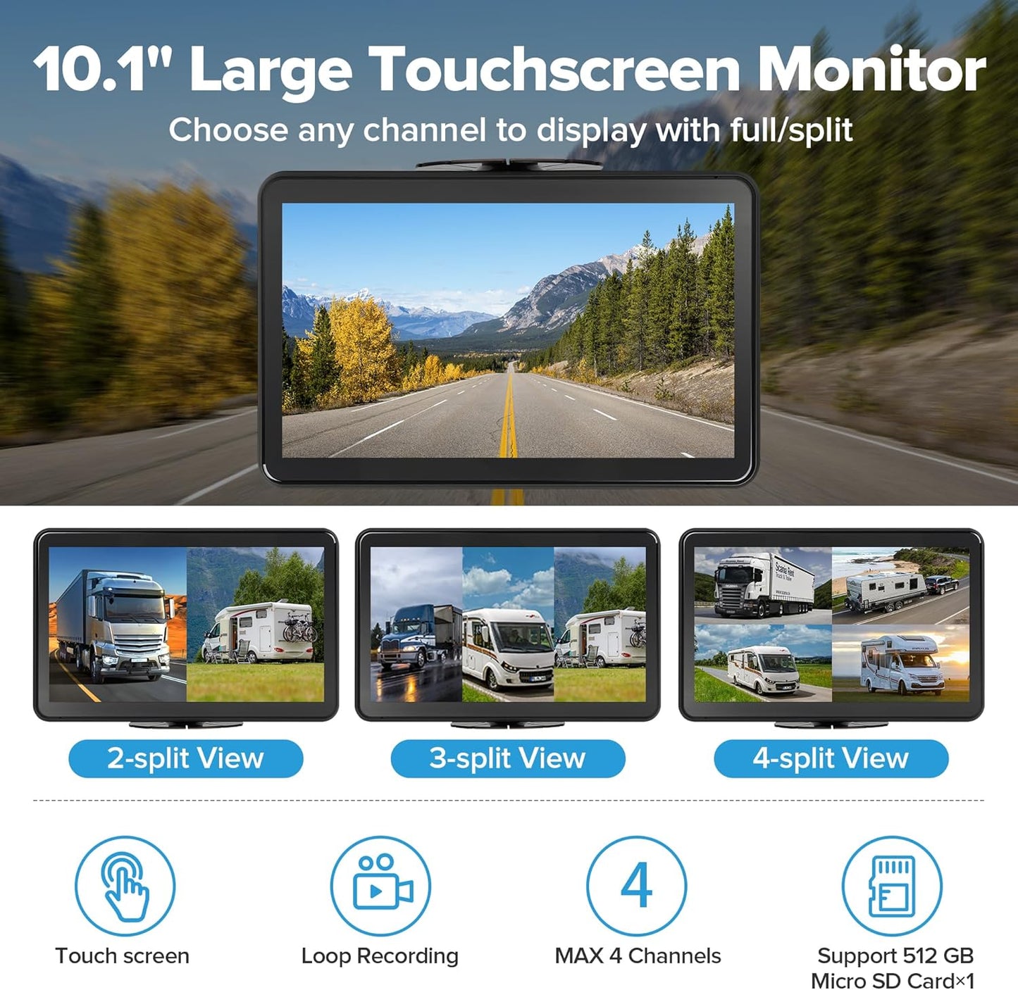 4CH 10.1 inch AI WiFi GPS RV Backup Camera Monitor System with Touch Screen and 4x1080P Waterproof Night Vision Cameras, Blind Spot Detection DVR Video Recorder for Truck Trailer Semi Camper Van Taxi