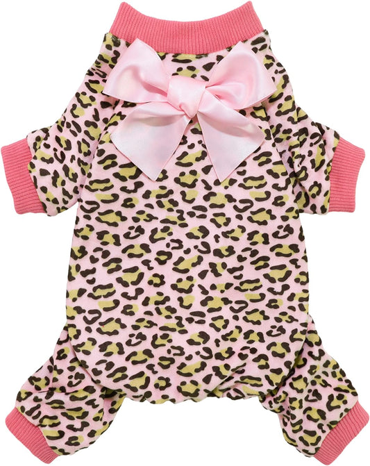 Fitwarm Leopard Dog Pajamas, Fleece Dog Clothes for Small Dogs Girl with Legs, Pet Onesie, Cat Outfit, Pink, XS