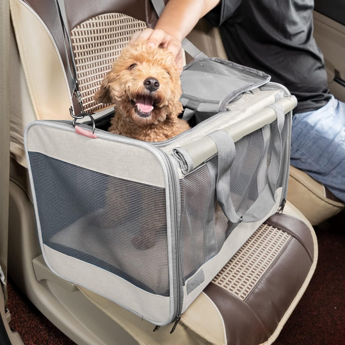 Pet Carrier for Large Cat Soft-Sided Animal Traveling Bag for Medium Cat up to 20lbs / Washable Small Dog Puppy 10 lbs Crate Case with Privacy Curtains for Home Outdoor Travel Beige White