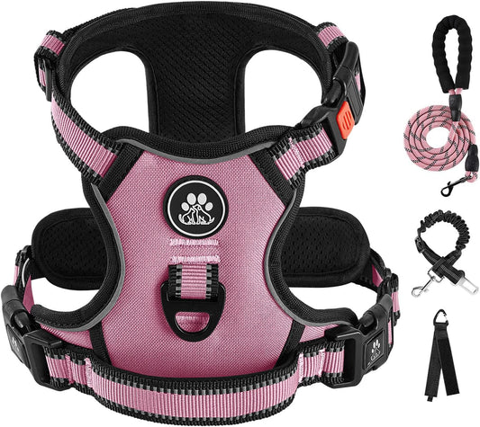 IVY&LANE No Pull Dog Harness for Large Dogs, Reflective Dog Vest Harness with Leash, Safety Belt and Storage Strap, Fully Adjustable Harness with Soft Handle (Pink, L)
