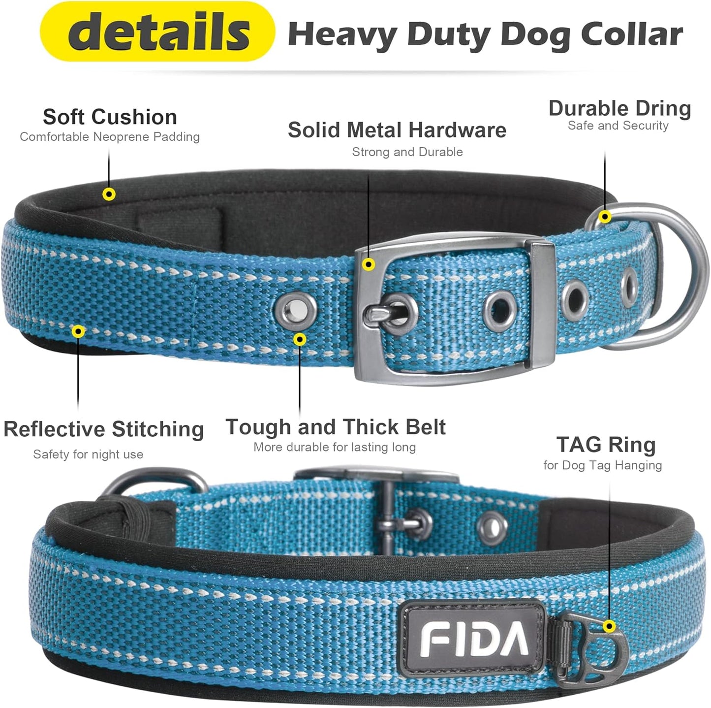 Fida Heavy Duty Dog Collar, Ultra Comfortable Soft Neoprene Padded, Adjustable Reflective Nylon Pet Collar with Durable Metal Belt Buckle for Small Breeds (S, Blue)