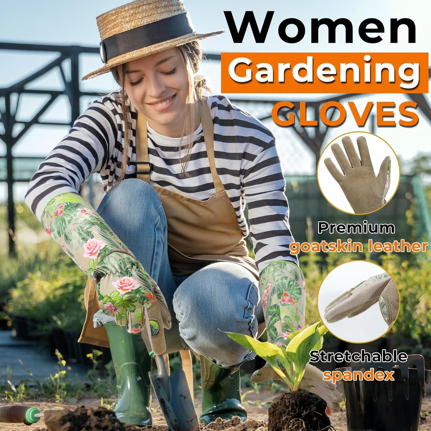 HANDLANDY Leather Gardening Gloves for Women, Thorn Proof Breathable Ladies Rose Pruning Garden Gauntlet Yard Gloves, Gift for Gardeners (Khaki, XL)