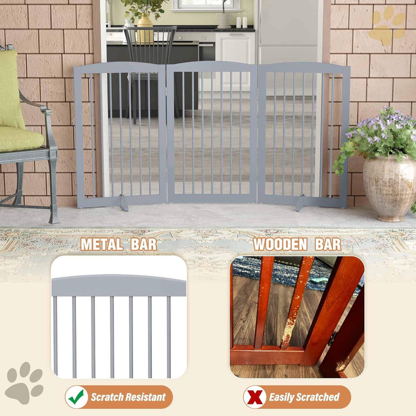 Freestanding Pet Gate for Dogs, Foldable Wooden Dog Gate for House Indoor, Tall Pet Fence for Stair, Doorway,Hall, Support Feet Included, 3 Panels 32",Grey