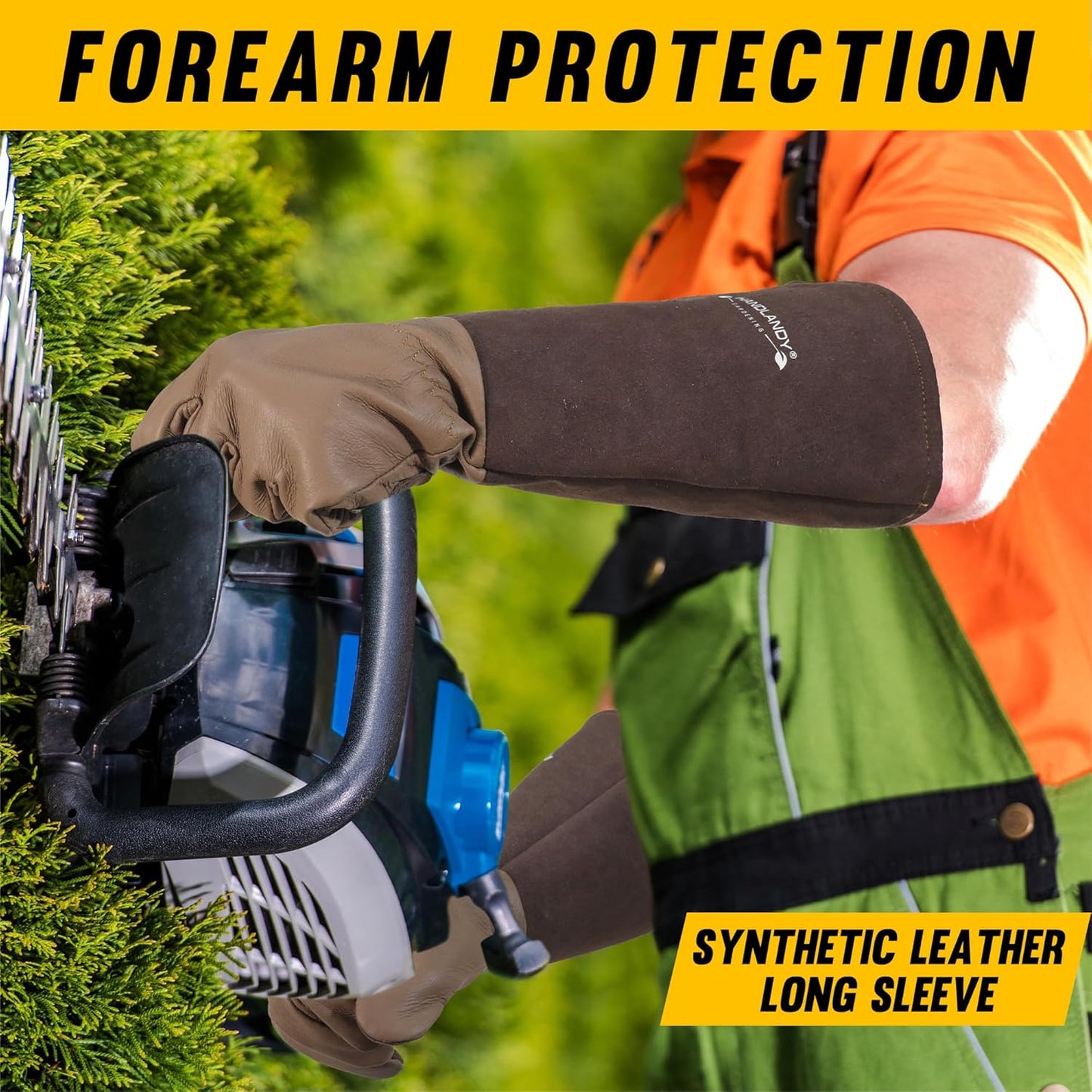 HANDLANDY Long Gardening Gloves for Men & Women, Cowhide Leather Rose Pruning Gloves- Breathable & Durable Gauntlet Glove (Medium, Brown)