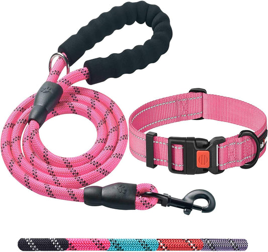 Heavy Duty Dog Leash - Comfortable Padded Handle, 5 ft Long - Dog Leashes for Small Medium Large Dogs (Leash+Collar S Neck 13.5"-16", Pink)