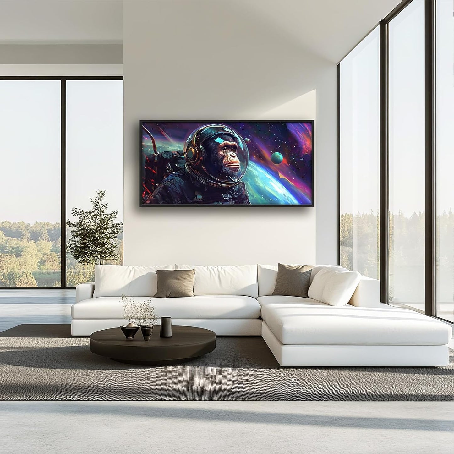 Framed Large Monkey Astronaut Wall Art, Oversized Chimpanzee Spacemen Wall Decor for Living Room, Outer Space Canvas Painting Pictures Modern Artwork for Living Room Bedroom Office 60"x30"
