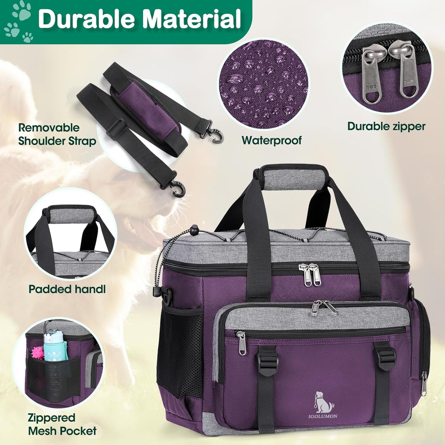 IGOLUMON Dog Travel Bag Large Pet Travel Bags Set for Supplies Weekend Dog Travel Kit Tote Organizer Multi-Pockets Dog Food Travel Bag with 2 Large Food Containers, 2 Dog Bowls, 1 Feeding Mat, Purple