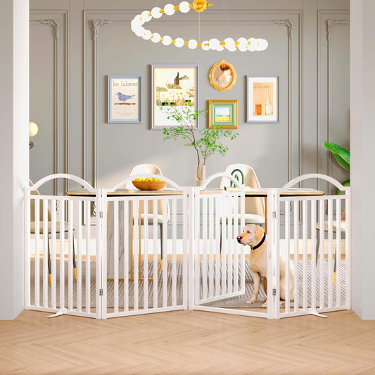 BHG Metal No-Assembly Freestanding Dog Gate with Door Walk Through, Extra Wide 96", Extra Tall 32" Pet Gate, Accordion Puppy Folding Playpen Dog Fence for Indoor & Outdoor, with 2PCS Support - White