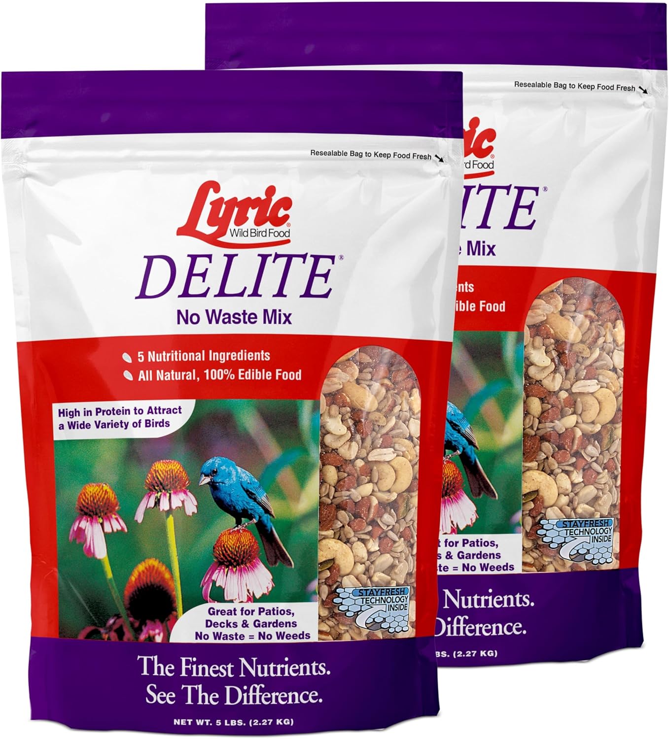 Lyric Delite Wild Bird Seed for Outside Feeders - No Waste Bird Food, Nuts & Seeds Mix, Attracts Buntings, Chickadees & Finches, 10 lb (Pack of 2-5 lb Bags)