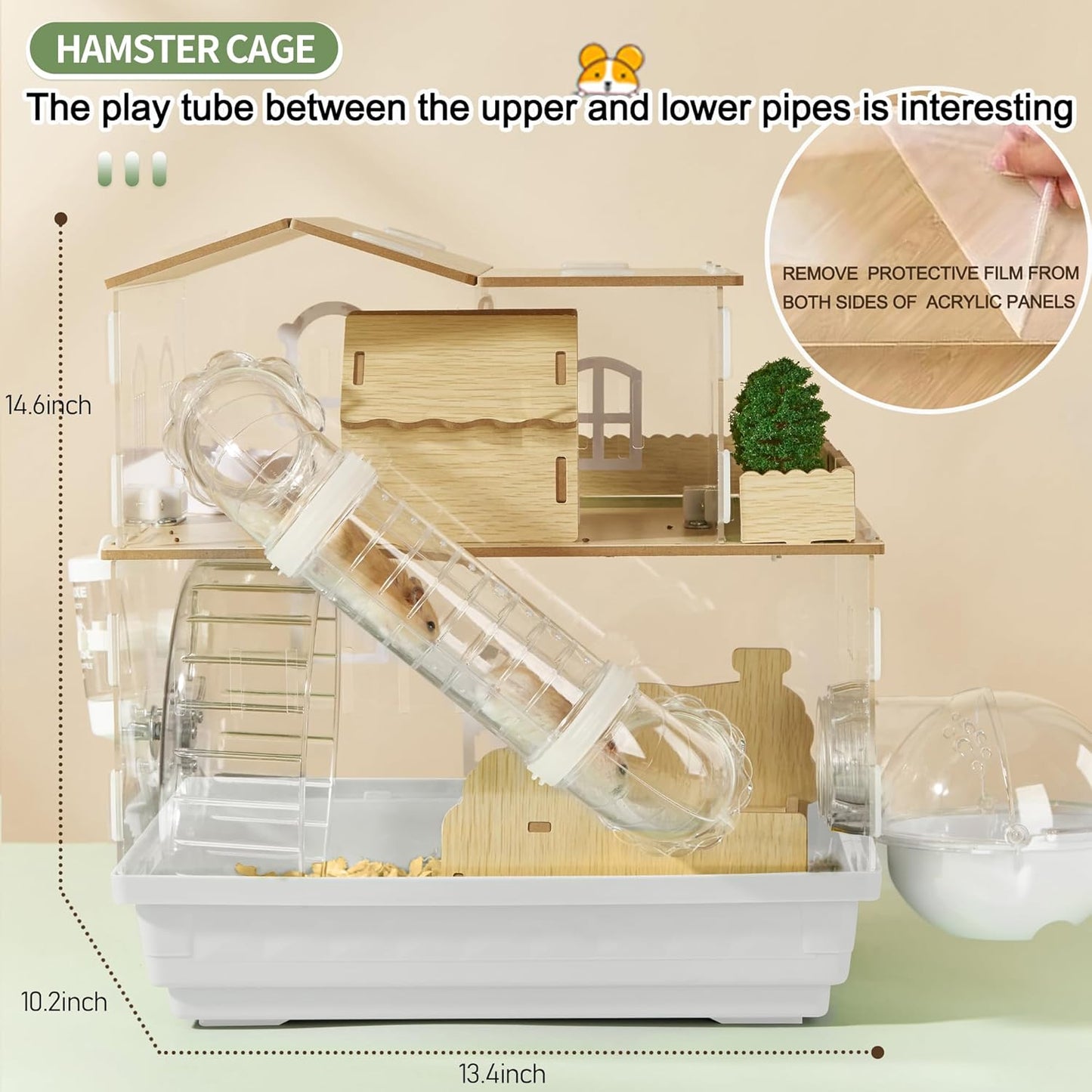12 in 1 Clear Acrylic Hamster Cage with All Accessories,13.5''L* 10''W* 15''H Dwarf Hamster Cage,Magnetic Connection Small Hamster Enclosure,Garden Style Wooden Mouse Cage for Pet Mice(2-Layer,White)