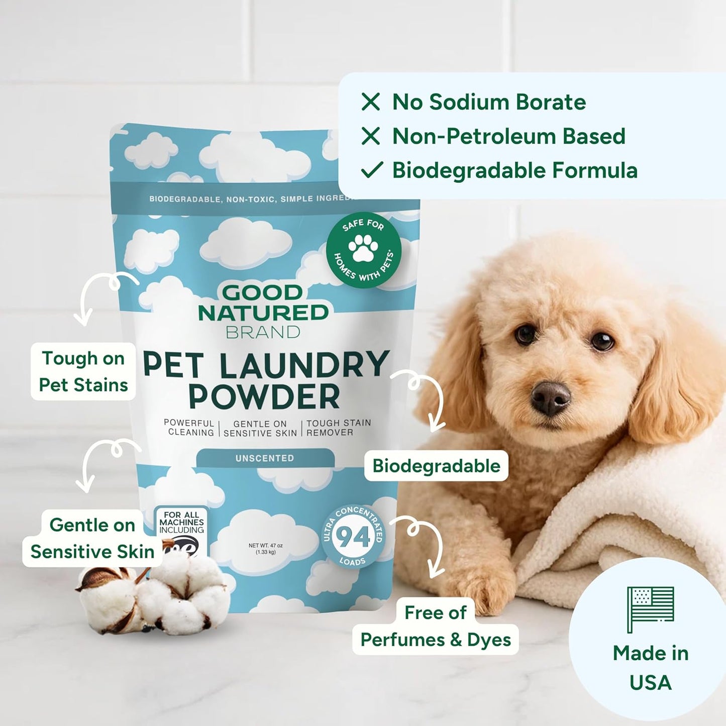 Good Natured Brand | Pet Stain & Odor Remover for Laundry | Pet Laundry Detergent for Dogs Beds, Cat Pee, Smell, Dog Drool | Hypoallergenic & Non-Toxic | Unscented | 47oz 94 Loads