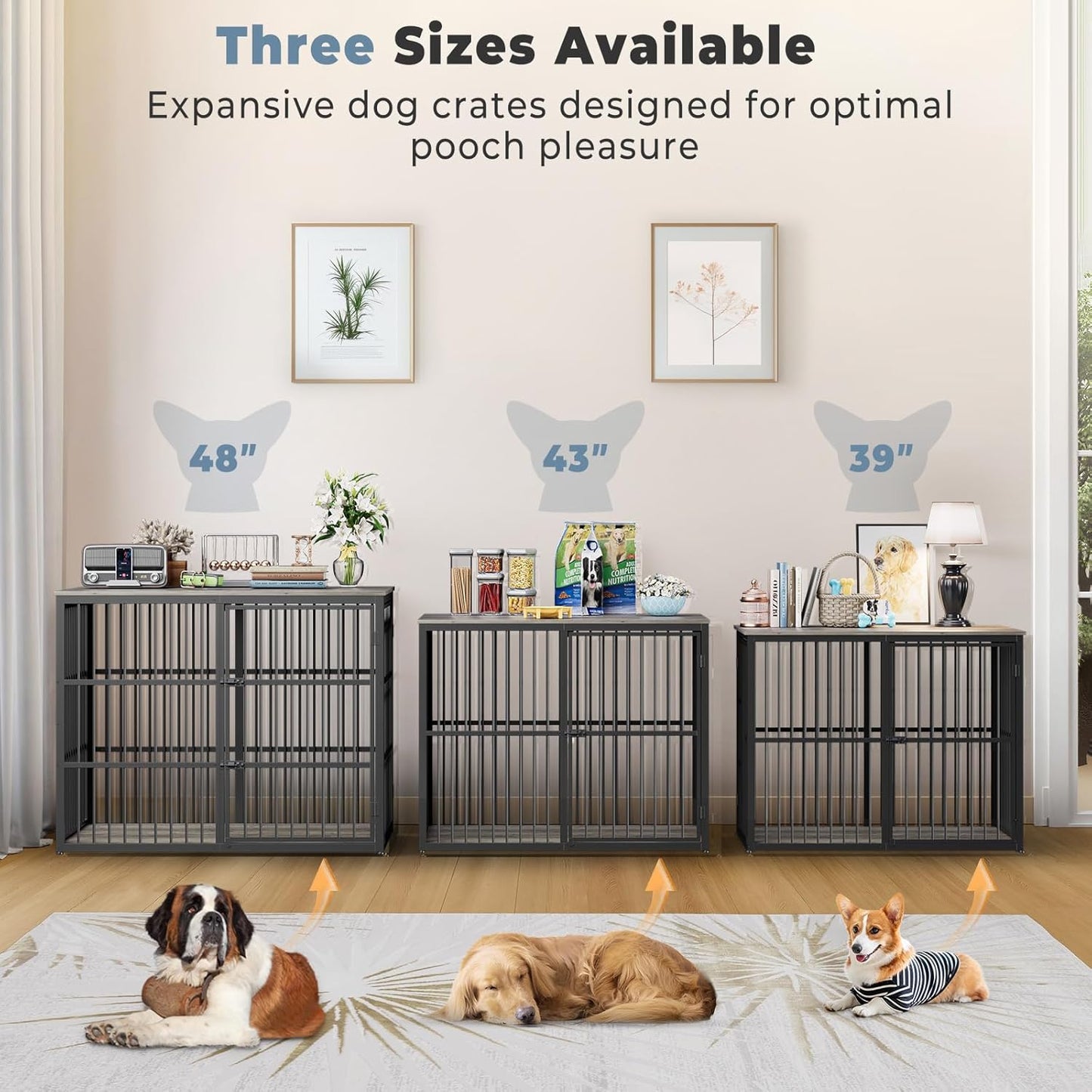48'' XXL Dog Crate Furniture with 3 Doors, Wooden Crate End Table Heavy Duty Indoor Combination Cage for Medium to Large Dogs, Multiple Units Can be Combined, Grey