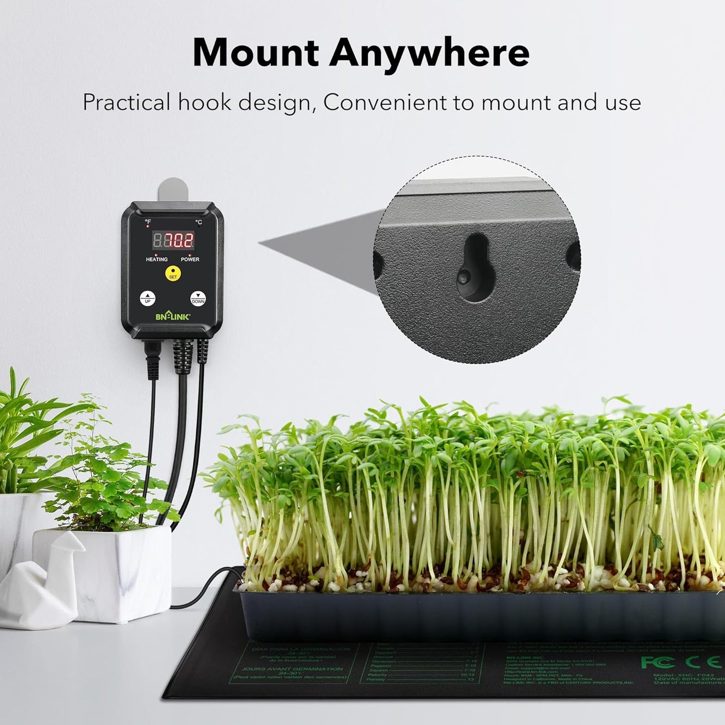 BN-LINK Digital Heat Mat Thermostat Controller for Seed Germination, Reptiles and Brewing Breeding Incubation Greenhouse, 40-108°F, 8.3A 1000W ETL Listed