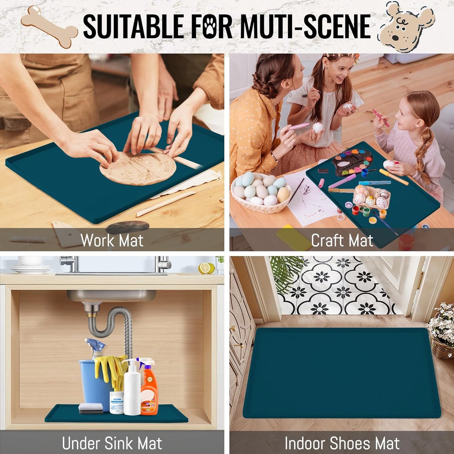 MateeyLife Dog & Cat Food Mat, Waterproof & Nonslip Silicone Feeding Mats for Dogs and Cats, Raised Edge Tray for Messy Drinkers, 24"x16", Navy