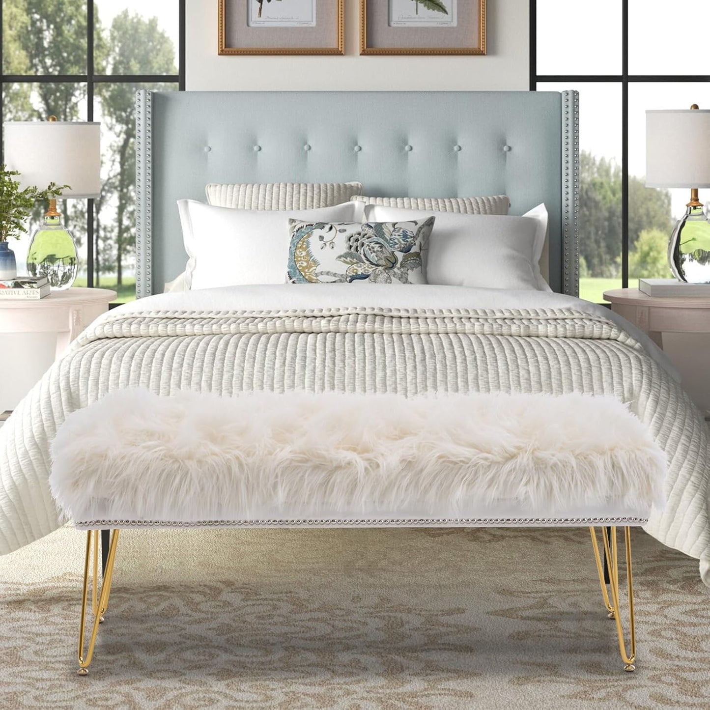 46 Inch White Bedroom Bench, Benches for Bedroom White Faux Fur Upholstered Bed end Bench, Tufting Ottoman Bench Indoor Bench with Metal Legs for Living Room Bedroom Entryway, White