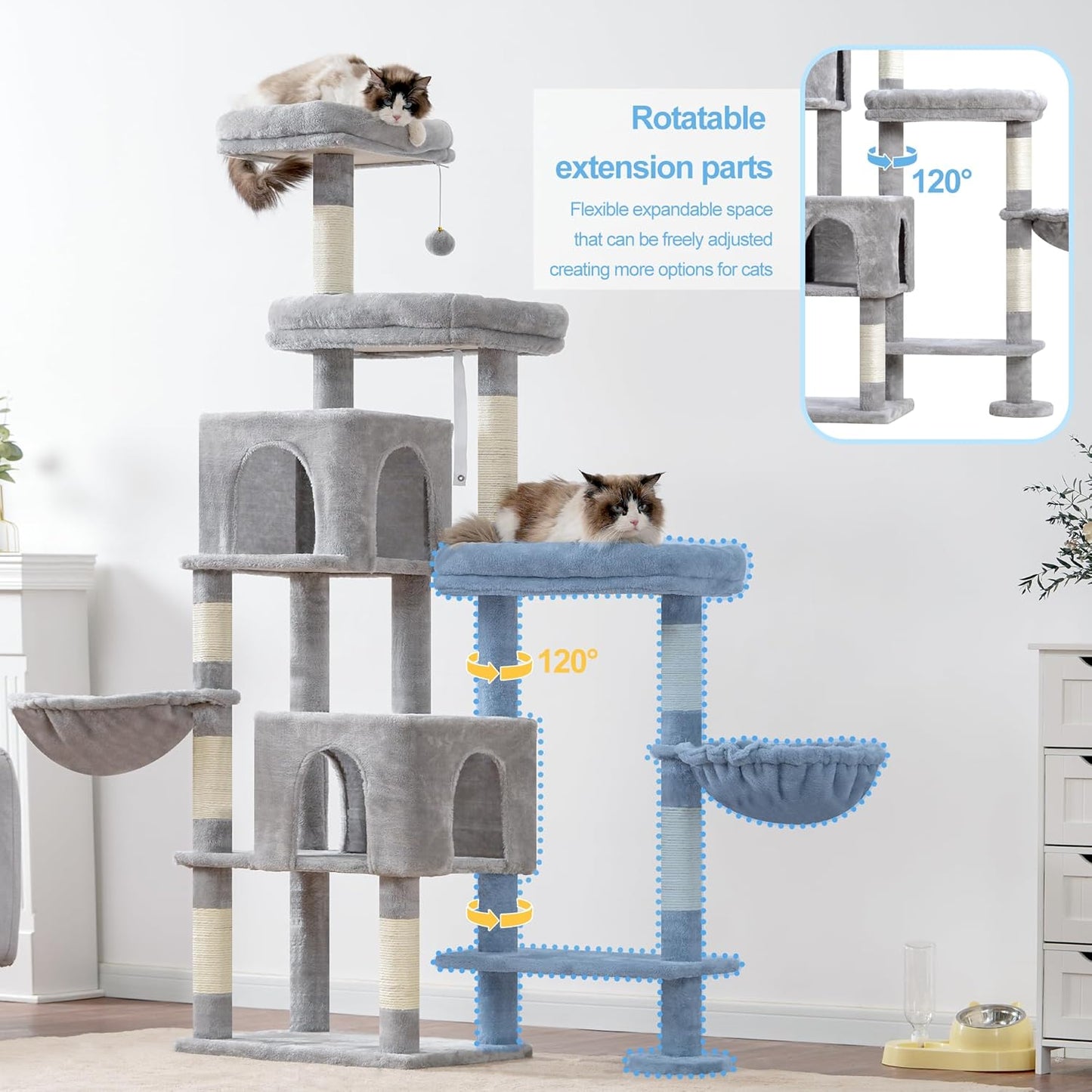 Hey-brother Cat Tree Tower, Scratching Posts with a Extended Part, Wide Platforms, Cozy Condos, Hammocks, Sisal Columns and Ball for Indoor Cats, 70.1 Inches, Light Gray MPJ038W