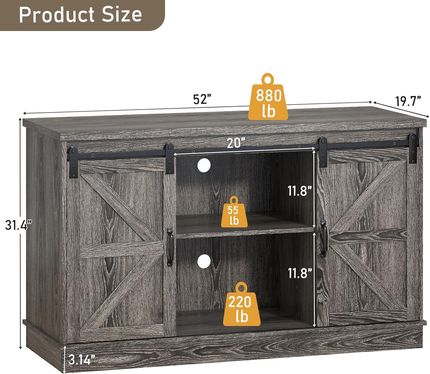 Farmhouse 55-75 Gallon Fish Tank Stand with Power Outlet, Aquarium Stand with Cabinet&Sliding Barn Door, Heavy Duty Reptile Tank Stand for 2 Fish Tank/Turtle Tank/Reptile Terrarium, Grey