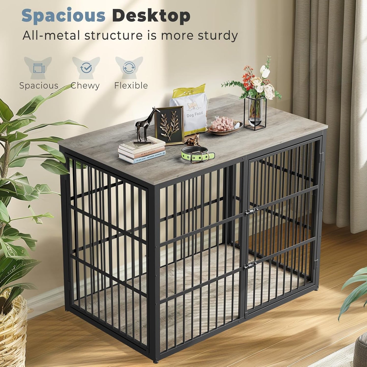 48'' XXL Dog Crate Furniture with 3 Doors, Wooden Crate End Table Heavy Duty Indoor Combination Cage for Medium to Large Dogs, Multiple Units Can be Combined, Grey