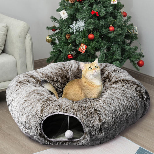AUOON Cat Tunnel Bed - Cat Donut Tunnel with Soft Plush Circle Cushion for Indoor Cats Kitten Kitty Puppy Rabbit Ferret (Brown)