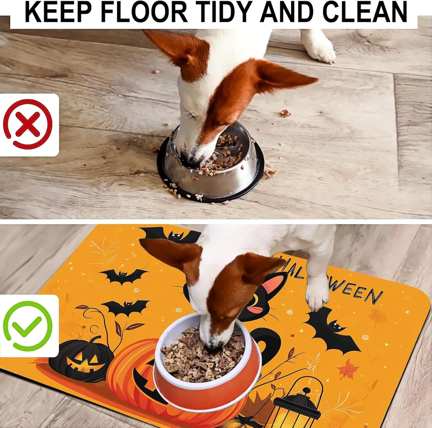 Happy Halloween Cat Pet Feeding Mat for Floors-Absorbent Dog Bowl Mat for Food and Water, Quick Dry Pet Cat Feeding Mats with Non Slip Bottom, Mess-Free Dog Accessories 12"x20"