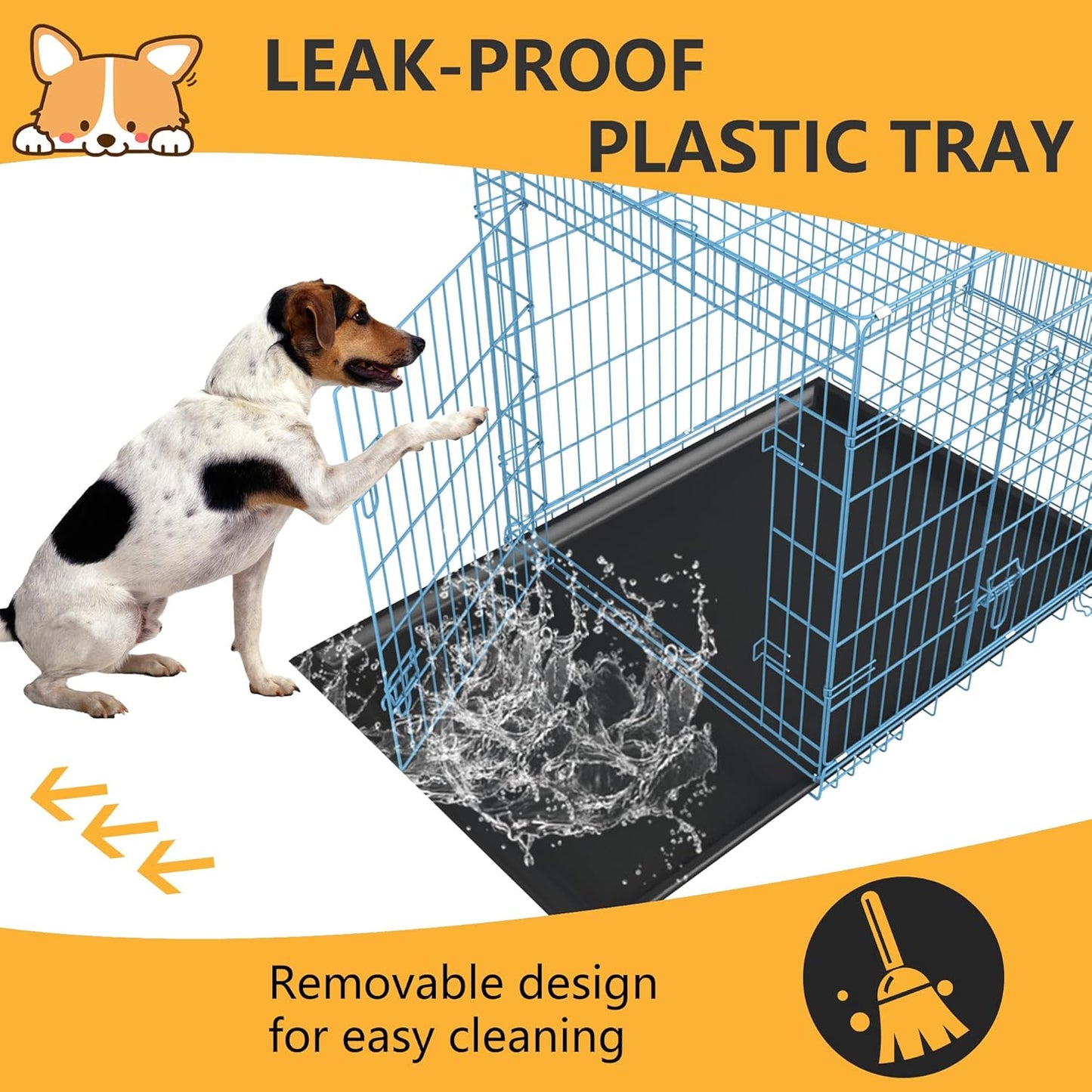 FDW Dog Crate for Medium Dogs 36 Inch Folding Metal WirePet Cage Double Door W/Divider Panel Indoor Outdoor Kennel Leak-Proof Plastic Tray,Blue