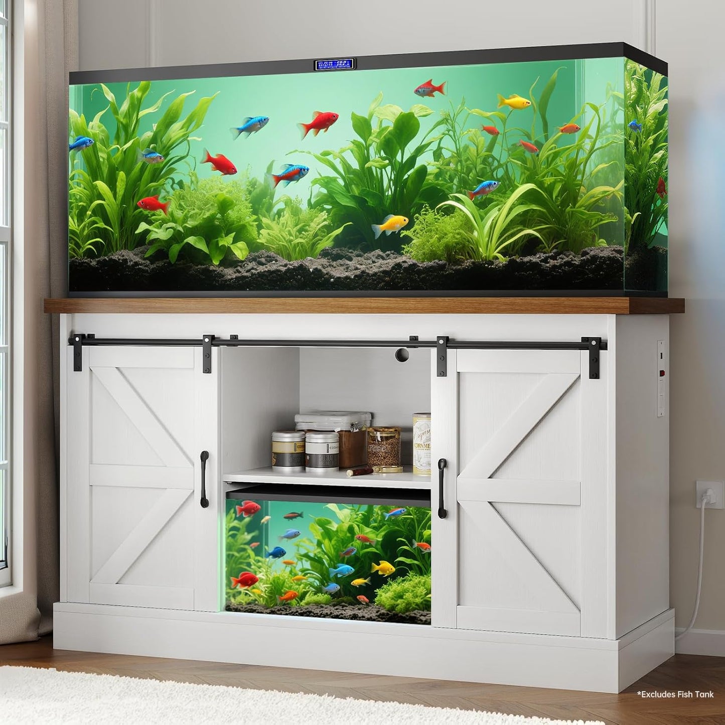 Fish Tank Stand Up to 75 Gallon, Aquarium Stand with Sliding Barn Doors & Power Outlet, White Farmhouse Style Stand with Cabinet Storage for Fish Tank, Turtle Tank, Reptile Terrarium,1000LBS Capacity
