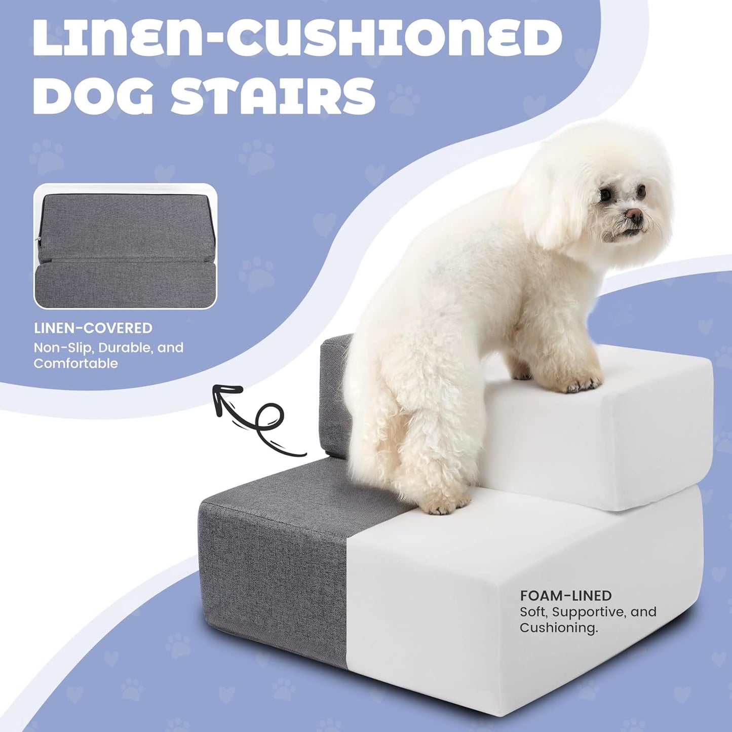 Foldable 18 Inch Wide Dog Stairs for Small Dogs, 12 Inch Height Foam Dog Steps for Bed & Couch, Linen Covered Pet Stairs for Dogs to Get on Bed, Indoor Foam Pet 2 Steps for for Cat and Puppy