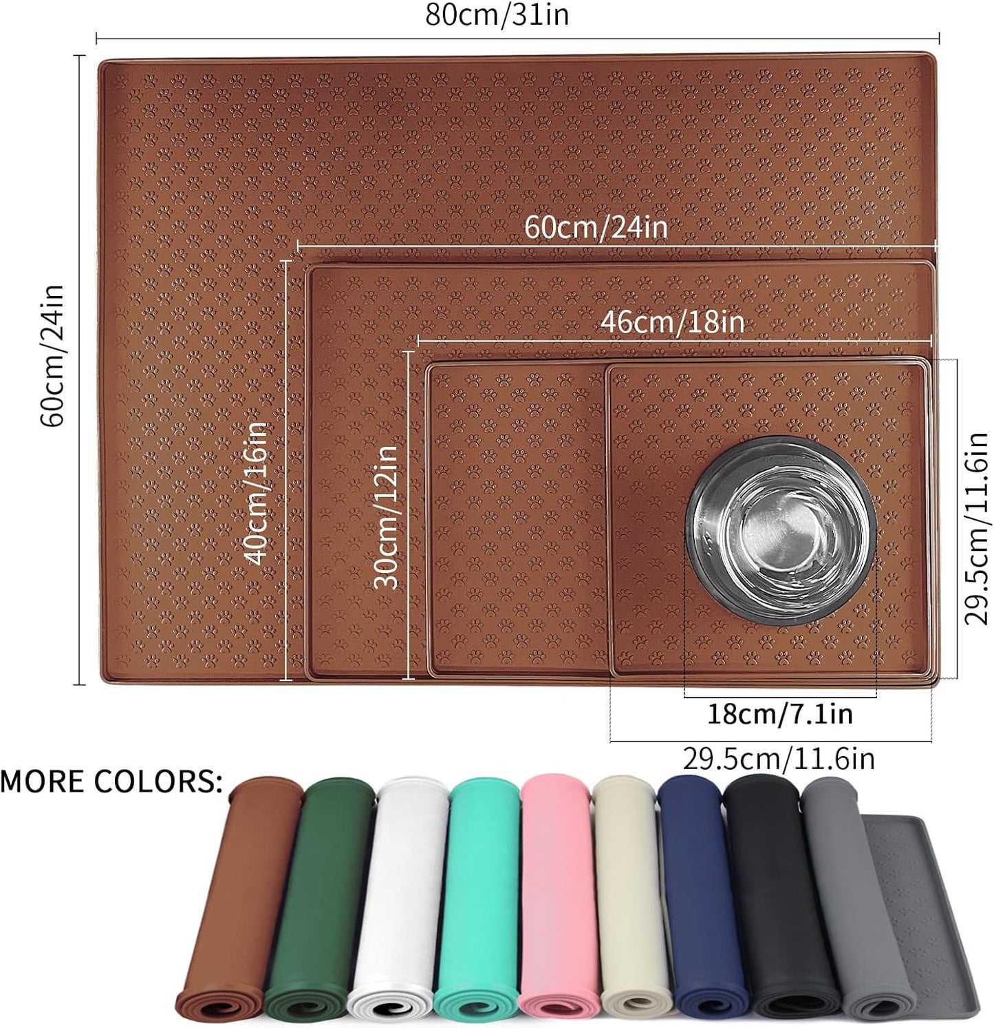 Ptlom Pet Placemat for Dog and Cat, Waterproof Silicone Pet Feeding Bowl Mats for Food and Water, Small Medium Large Dogs Mat Prevent Residues from Spilling to Floor, Brown, 24.5" 16.5"