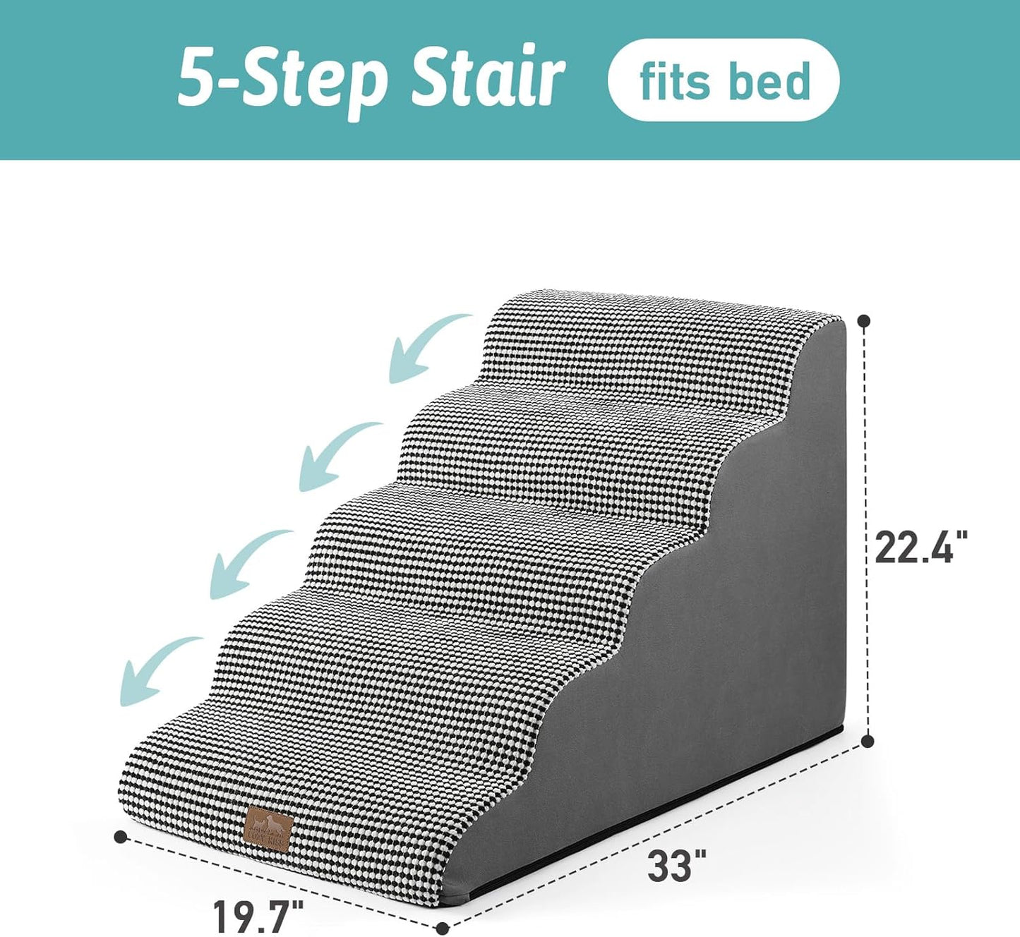 Extra Wide Dog Stairs 19.7" Width, Large Pet Step for Small Medium Dog, Puppy or Cat, Ramp for High Bed or Car, High Density Foam Ladder, Stable, 5 Step, 19.7x33x22.4 inch, White Black