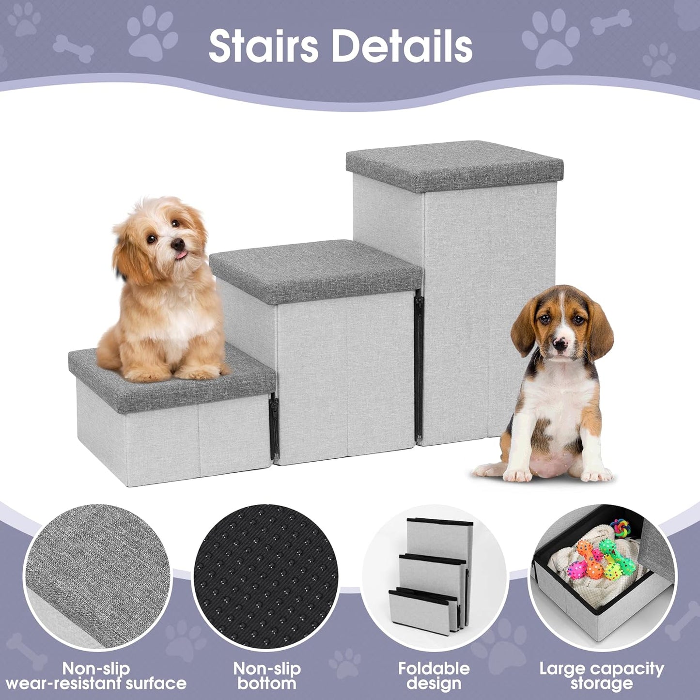Heeyoo Dog Stairs with Storage, Foldable Dog Steps for Small Dogs, 3 Tiers Non-Slip Pet Stairs for High Beds Or Couch and Sofa, Hold up to 200 lbs Pet Cat