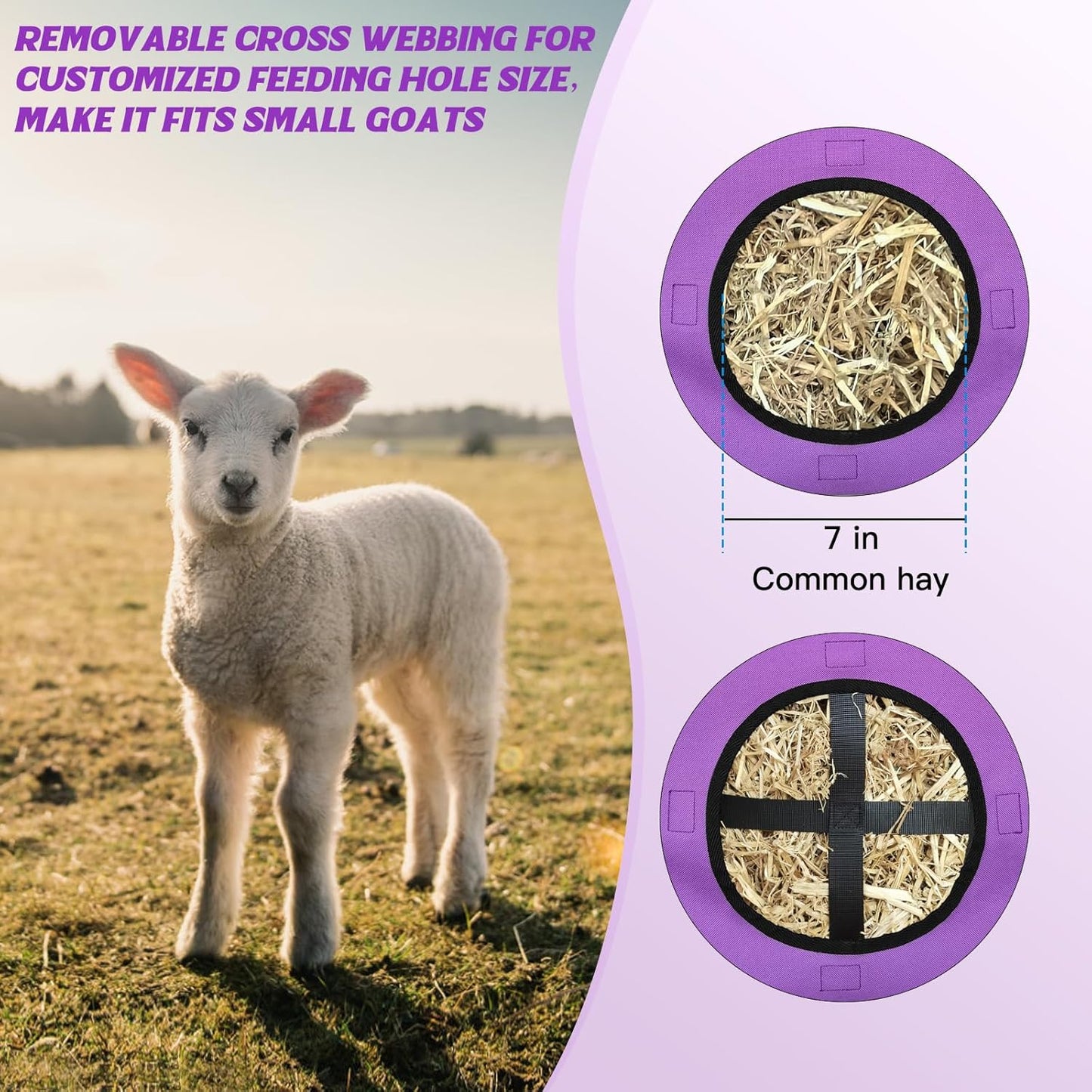 3 PCS Goat Hay Feeder,Hay Bags for Horses,Goats,Donkeys with Reinforced Oxford Fabric and High Strength Metal Clasp,Horse Feeding Supplies with Adjustable Strap for Easy Hanging(2Purple+1Orange)