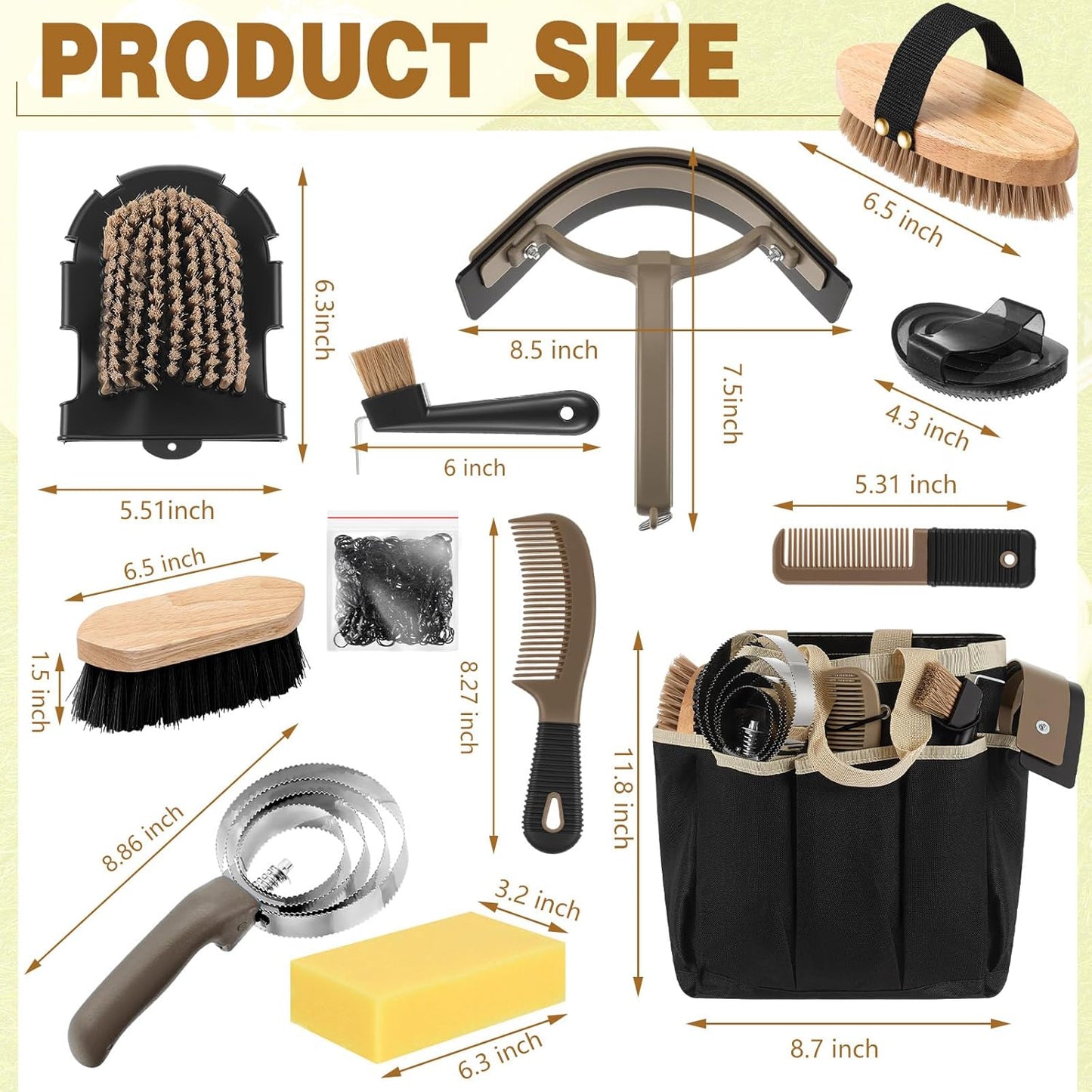 Abbylike 12 Pieces Horse Grooming Kit with Organizer Tote Bag Tack Room Supplies Horse Brush Sets Equine Care Cleaning Kit Shedding Grooming Massaging Tools(Khaki)
