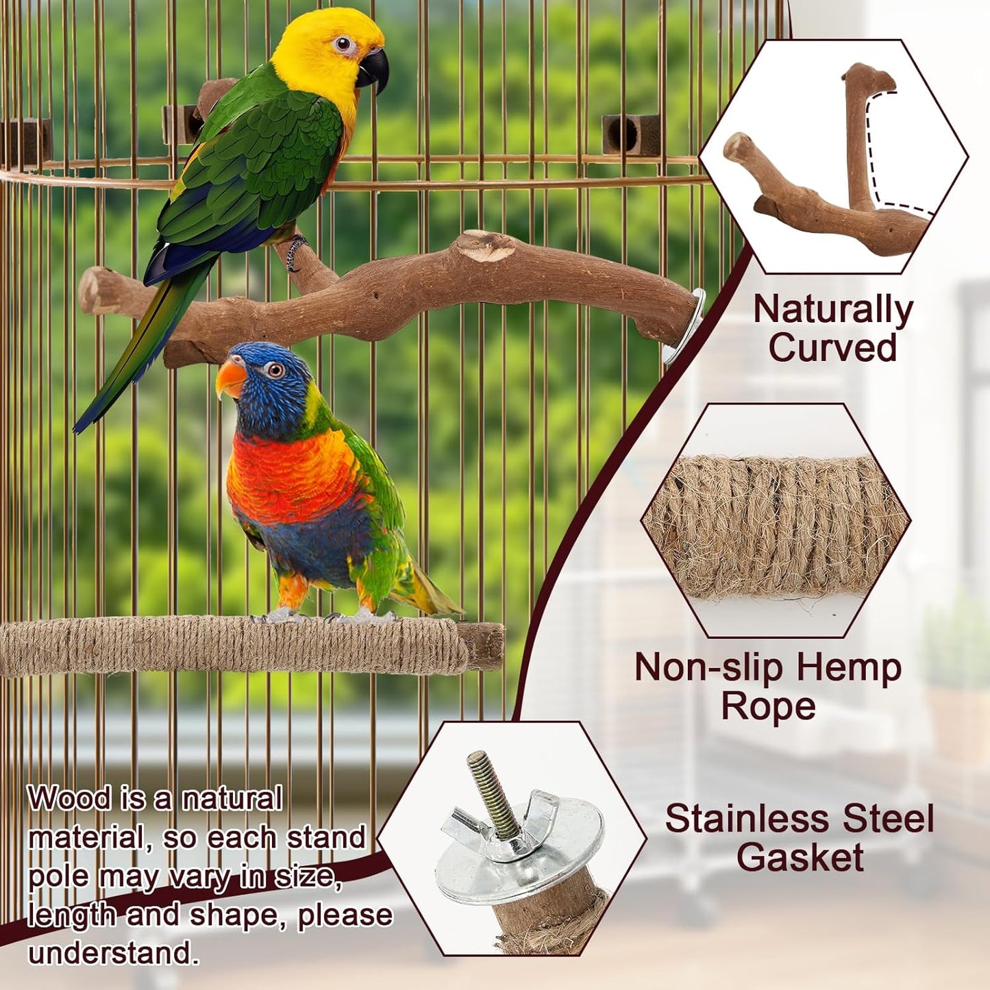 Bird Ladder Perches for Cage, Pole Standing Natural Wood Birds Perch Set, Climbing Chewing Toys, Paw Grinding Fork Parrot Cage Branch with Rope for Macaw Budgie Lovebirds