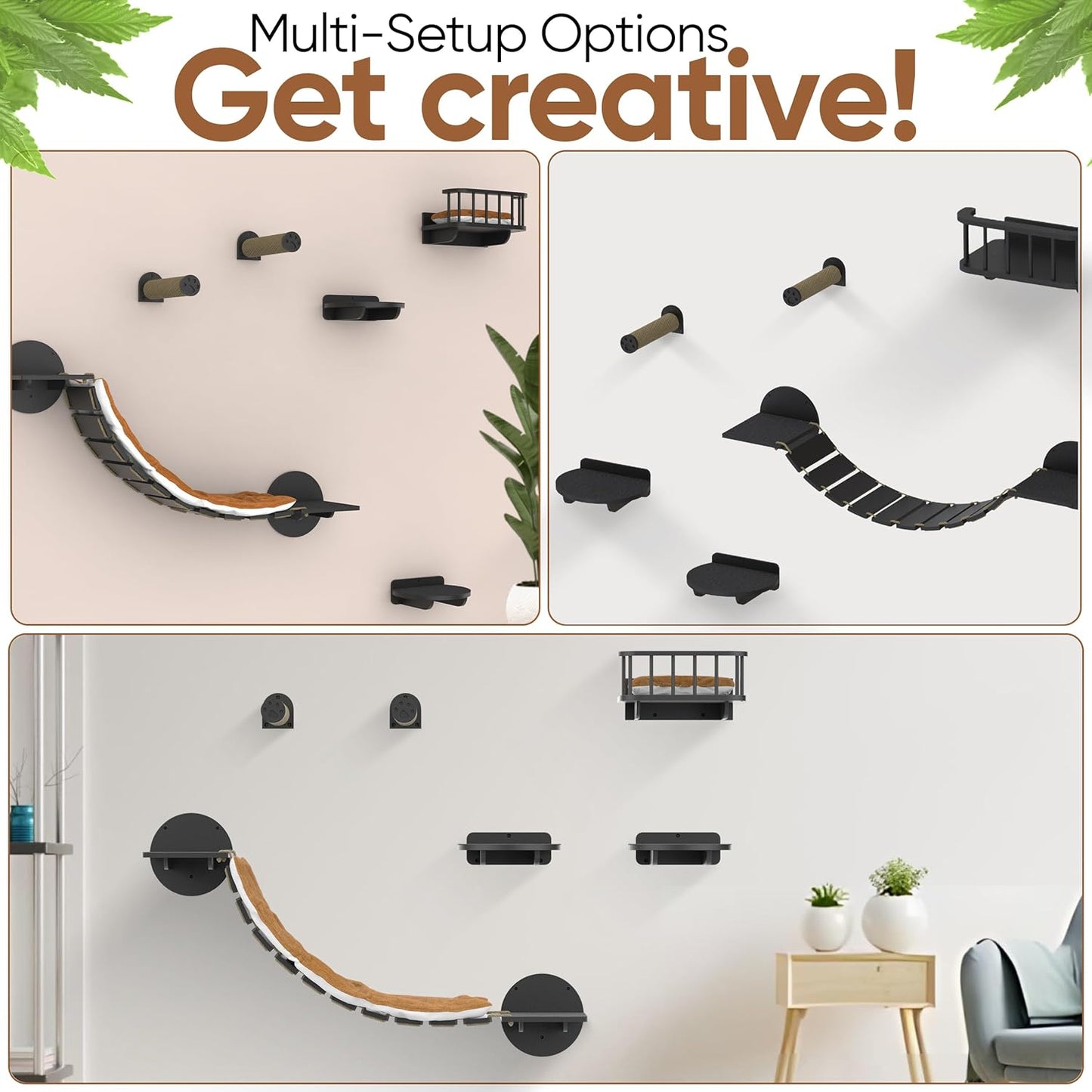 FURRY VIBES Cat Wall Shelves & Perches – 7-in-1 Cat Wall Furniture Set with Bed, Climbing Steps, Scratcher & Bridge Ladder – Black Bamboo Wall Cat Shelf for Indoor Cats